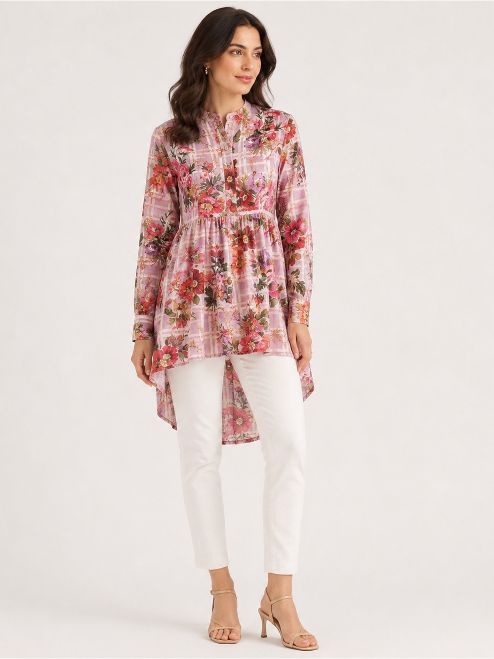 Bonanza Satrangi Premium Lawn Cotton Floral Tunic Top Women’s XS Pink High Low
